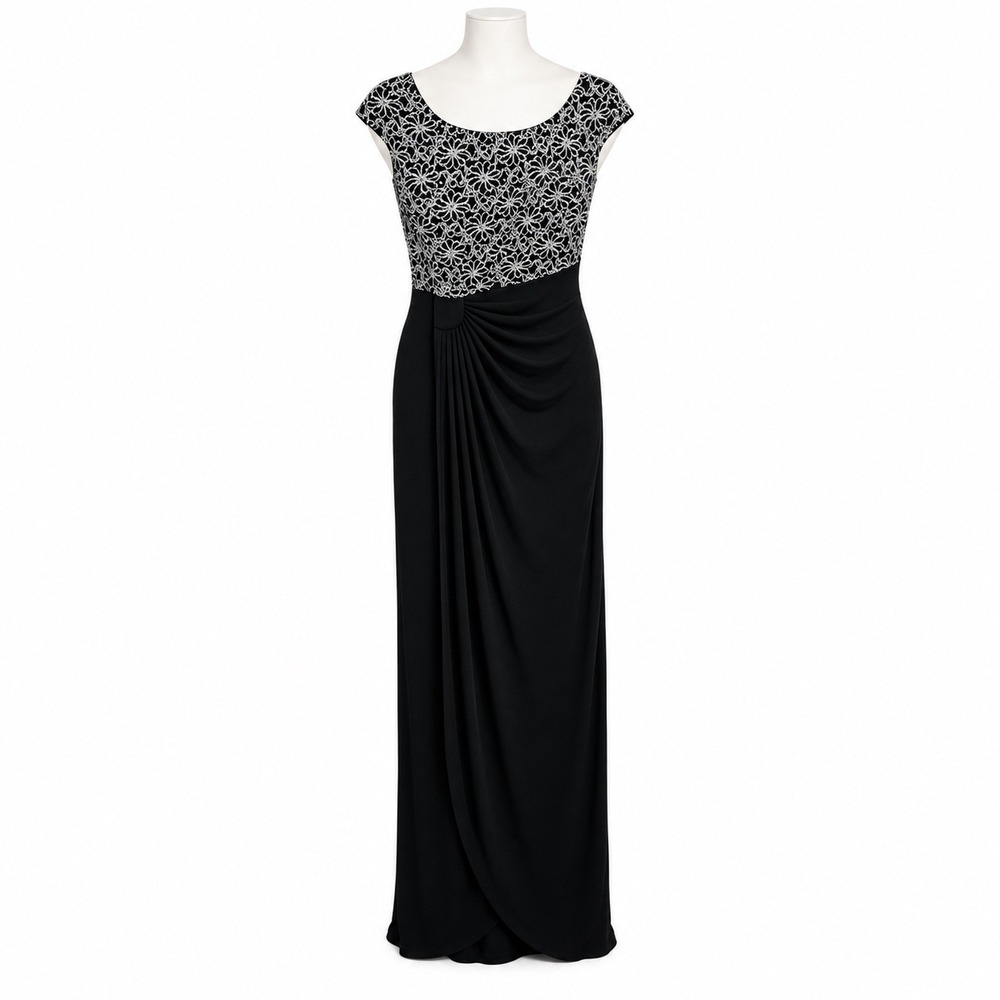 Connected Apparel Lace Sequin Ruched Maxi Dress Women 8 Black Silver Gown